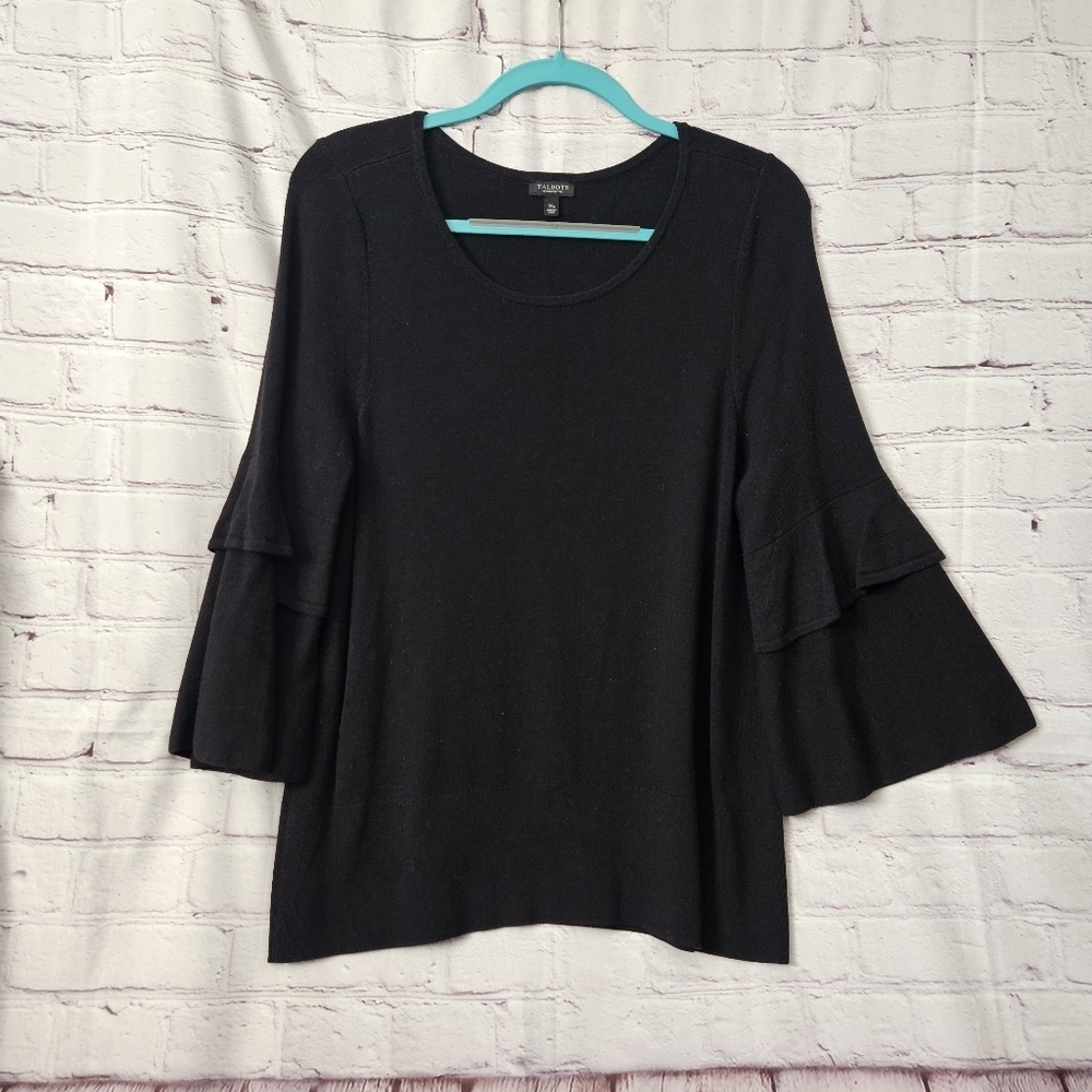 Talbots Pullover Bell Sleeves Black Knit Blouse Size XLP Scoop Neck